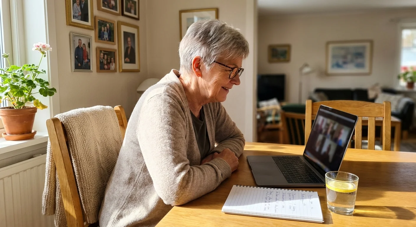 A senior woman sits at her dining table during a telehealth consultation on her laptop.