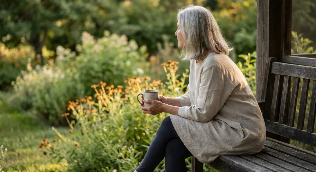 A senior woman sitting peacefully on a wooden porch bench in golden afternoon light, looking out at her garden with a mug in hand.