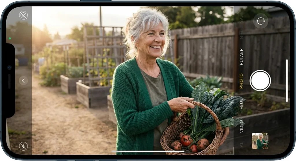 A smiling senior woman walks through a sunlit garden with a basket of fresh vegetables, looking healthy and active.
