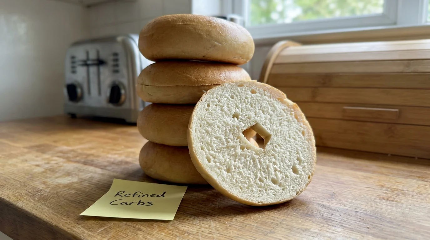 A stack of white bagels on a counter with one sliced open to show the processed white interior.