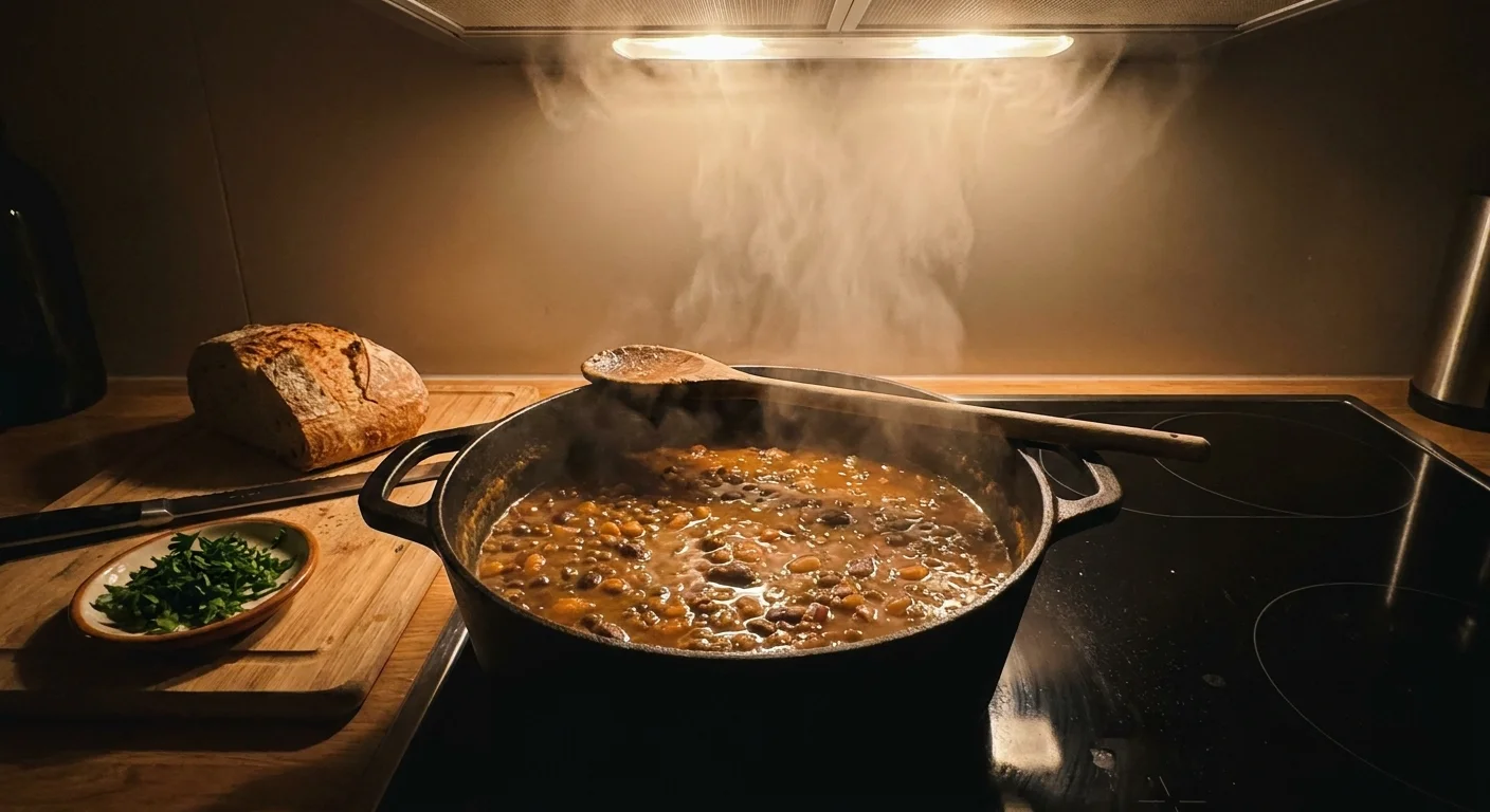 A steaming pot of lentil soup on a stove, representing a hearty and healthy meal.