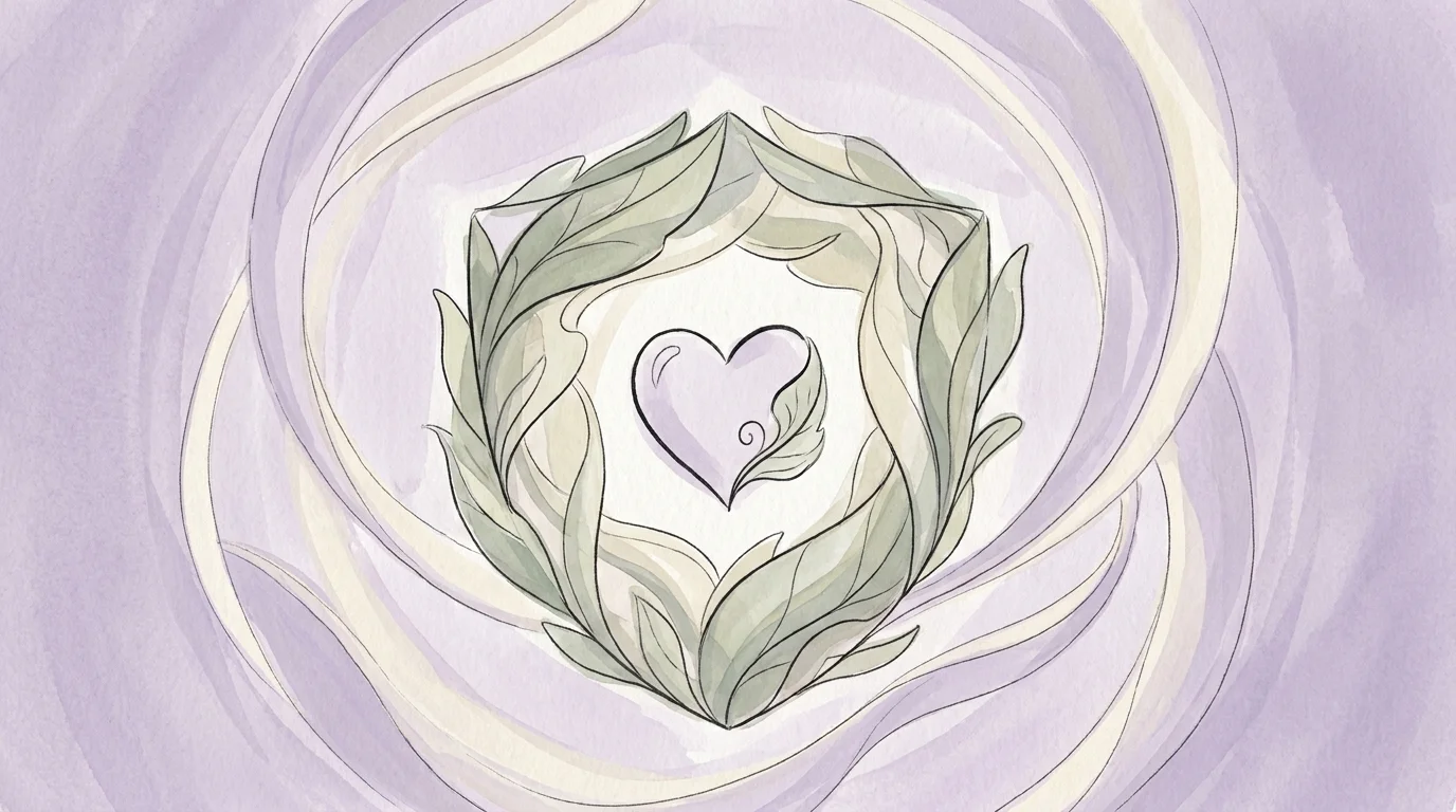 A symbolic gouache illustration of a protective shield made of leaves, representing health safety and care.