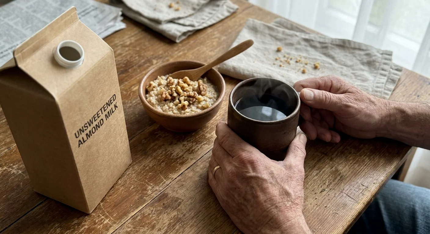 A top-down view of a senior's breakfast table featuring almond milk and a mug of coffee in a bright kitchen.