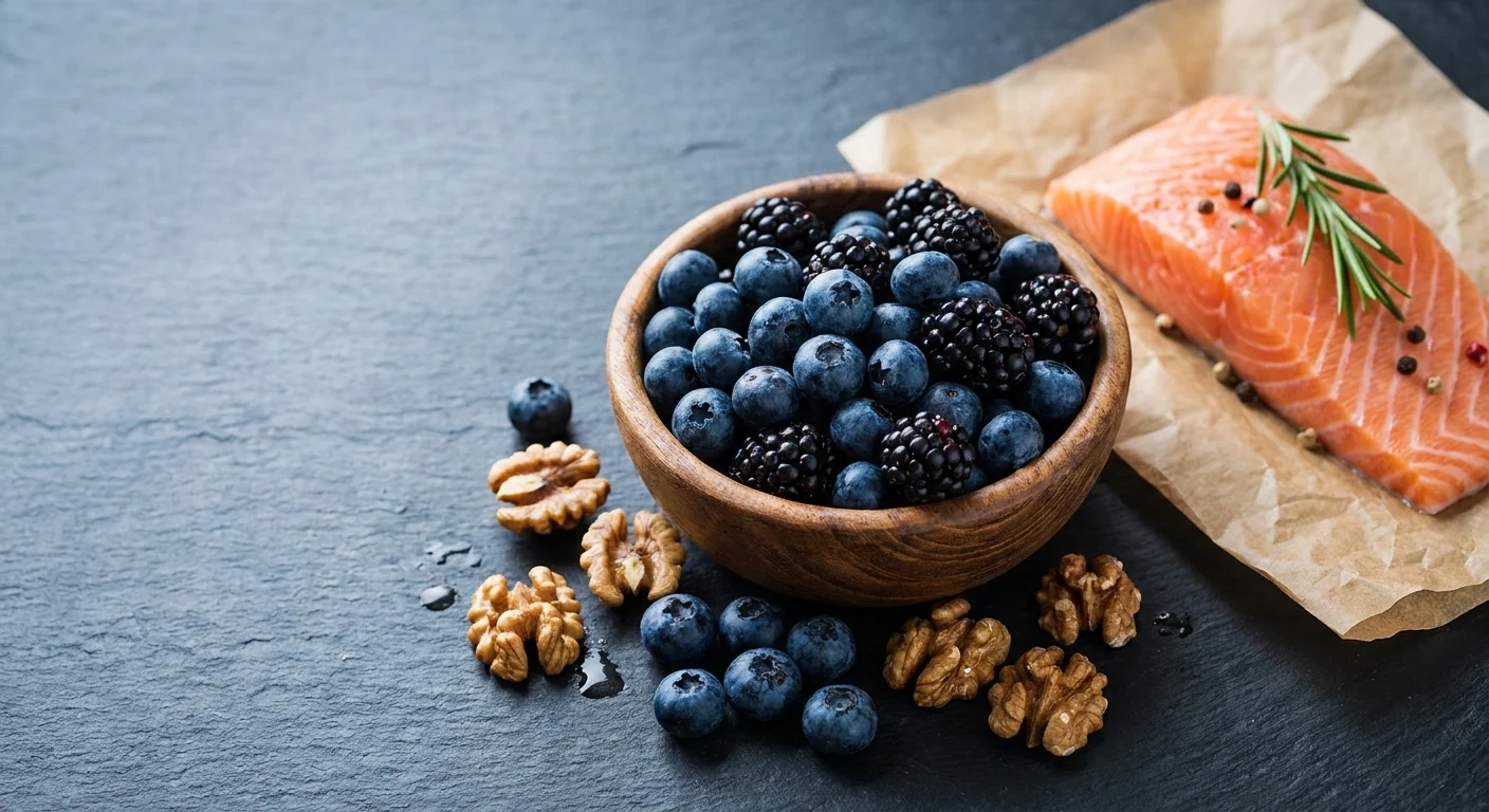 A top-down view of anti-inflammatory foods like blueberries, walnuts, and fresh salmon on a slate surface.