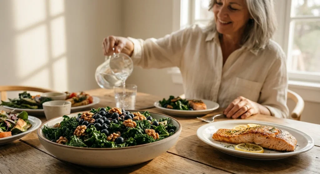 A vibrant meal with salmon, greens, and berries on a sunlit table, with an older woman in the background.