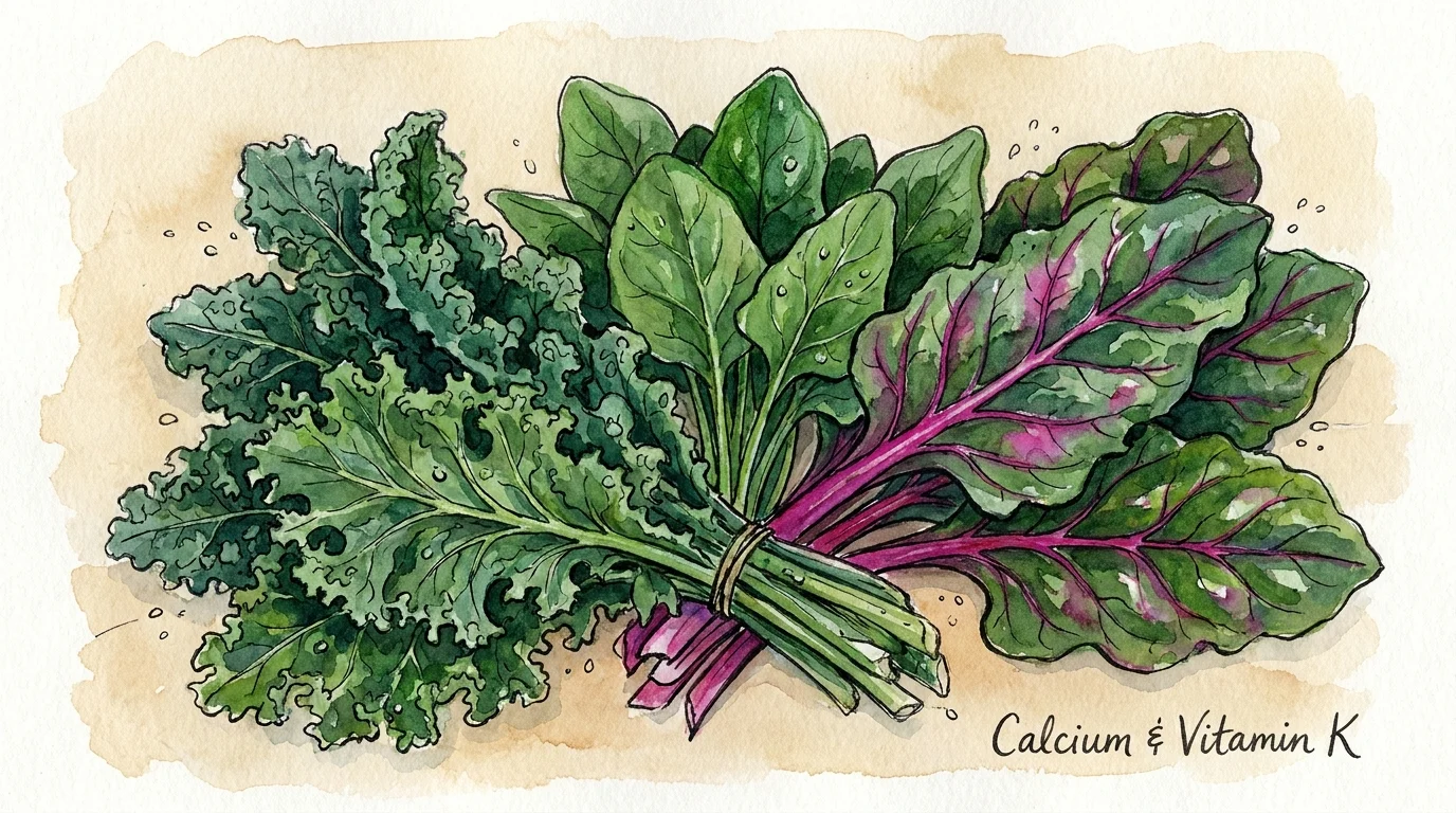 A vibrant watercolor painting of various leafy greens like kale and chard, highlighting their rich textures and colors.
