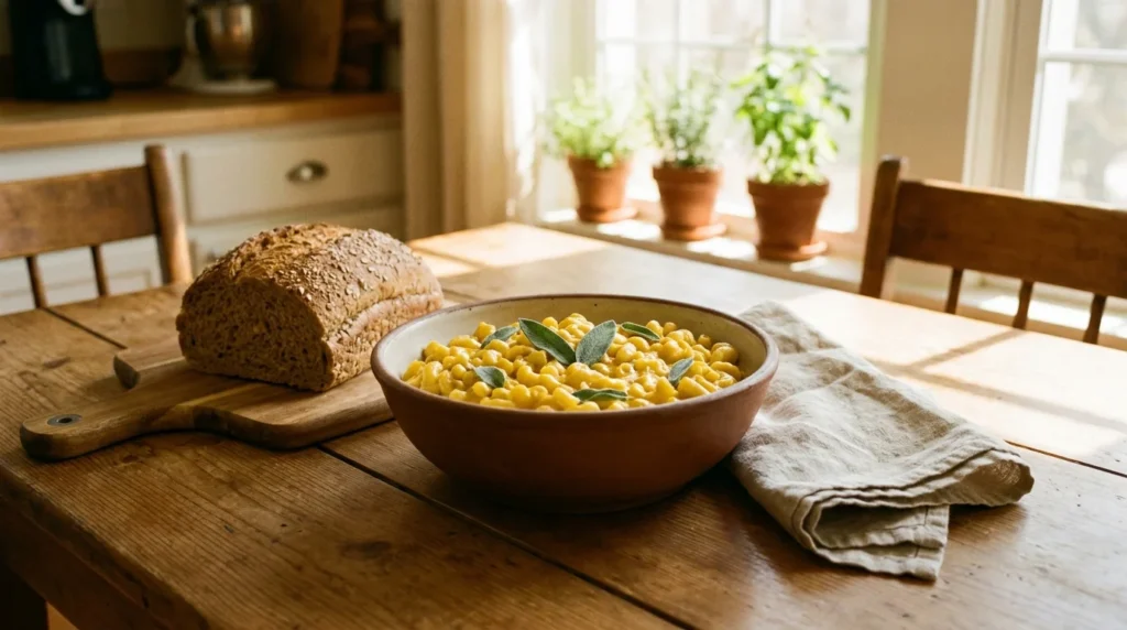 A warm, sunlit photo of a bowl of creamy butternut squash macaroni and cheese on a rustic wooden table in a cozy kitchen.