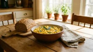 A warm, sunlit photo of a bowl of creamy butternut squash macaroni and cheese on a rustic wooden table in a cozy kitchen.