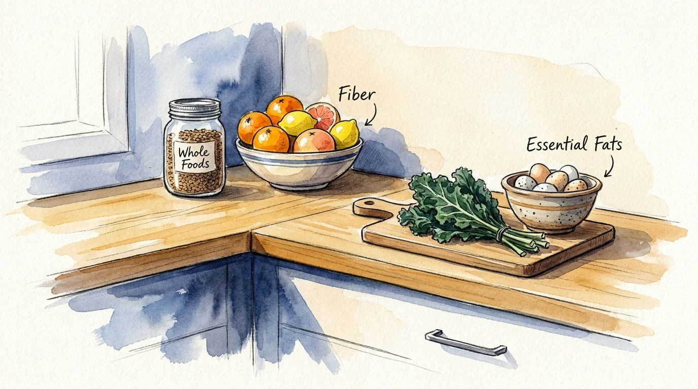 A warm watercolor illustration of various healthy foods like lentils, greens, and eggs arranged on a bright kitchen counter.