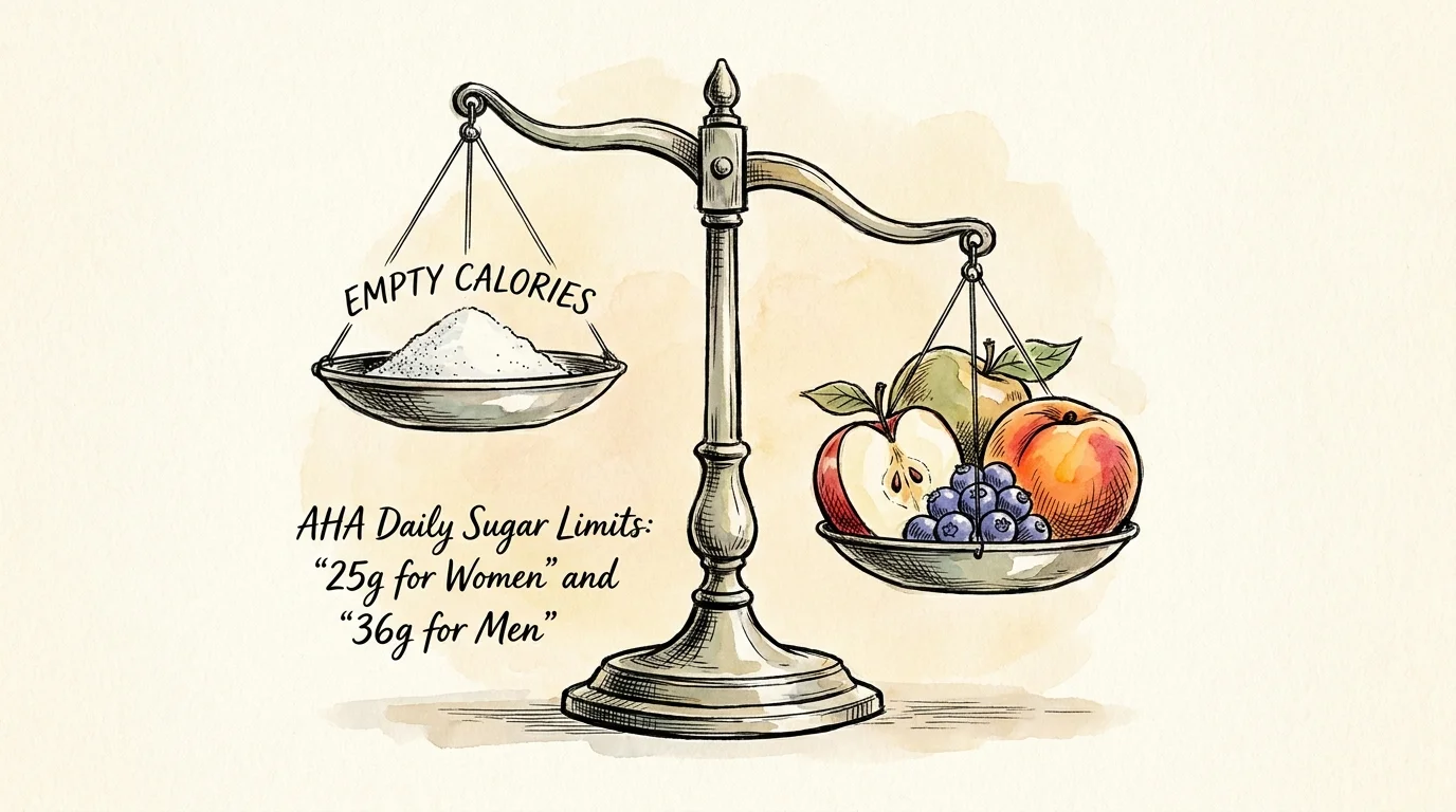 A watercolor illustration of a scale balancing a small pile of sugar against a variety of fresh, colorful fruits.