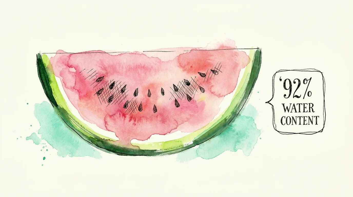 A watercolor illustration of a watermelon slice with text indicating its 92 percent water content.
