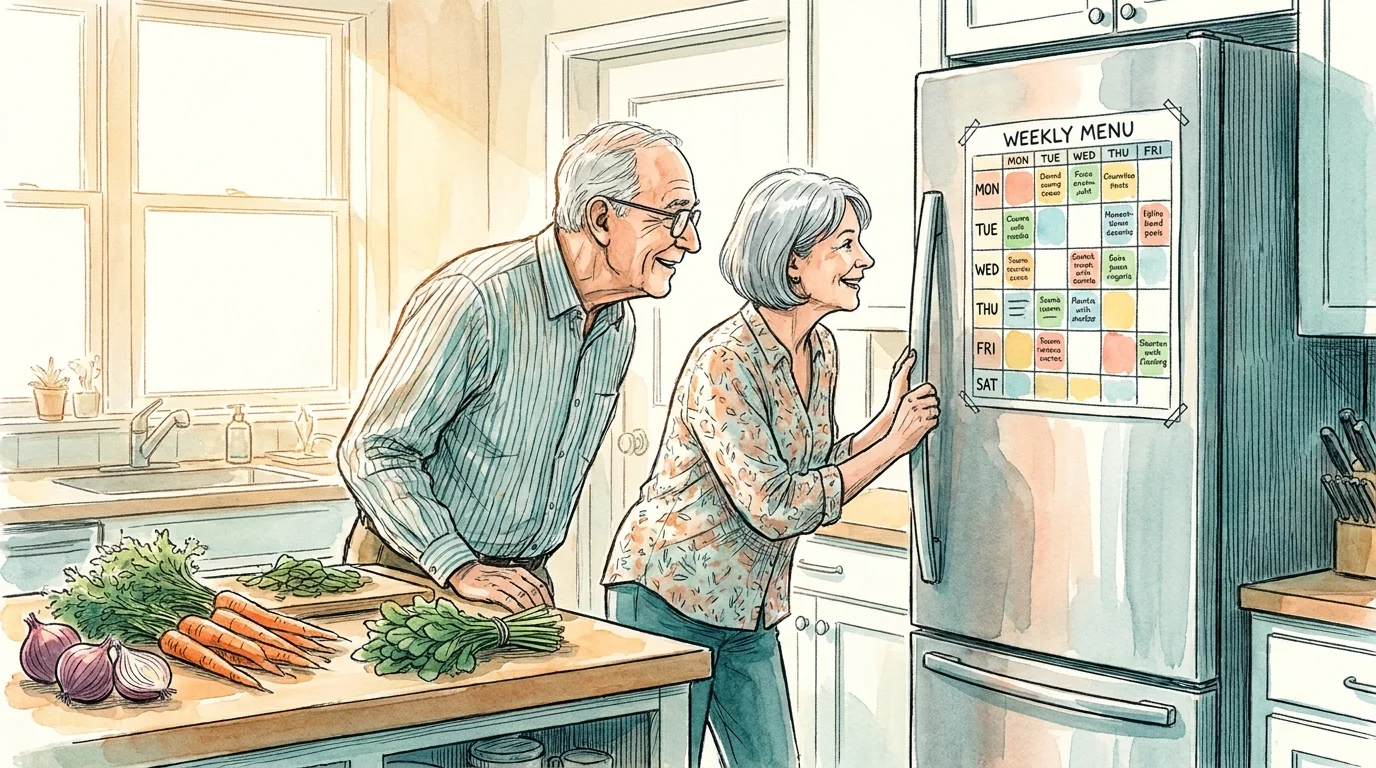 A watercolor illustration of an older couple in a bright kitchen planning their healthy meals for the week.