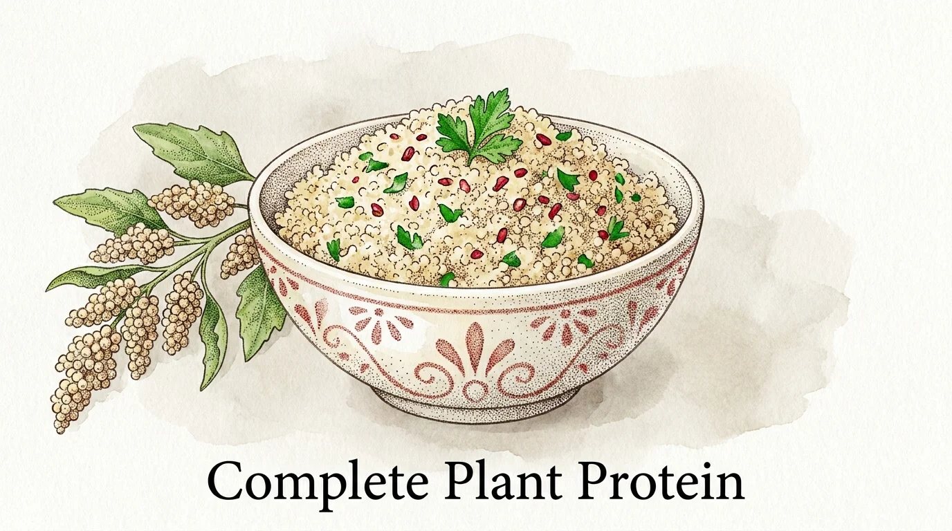 A watercolor painting of a bowl of fluffy quinoa and the plant it comes from, highlighting its status as a complete protein.