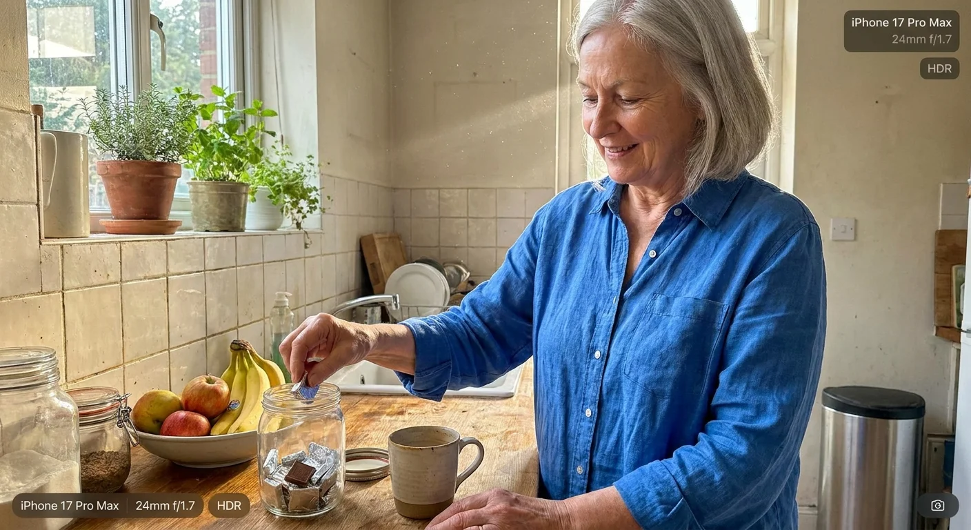 A woman in a sunlit kitchen reaching for a single square of dark chocolate from a glass jar.