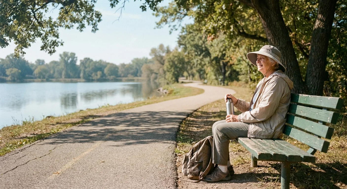 A woman taking a restorative break on a park bench during a walk, illustrating the concept of pacing oneself.