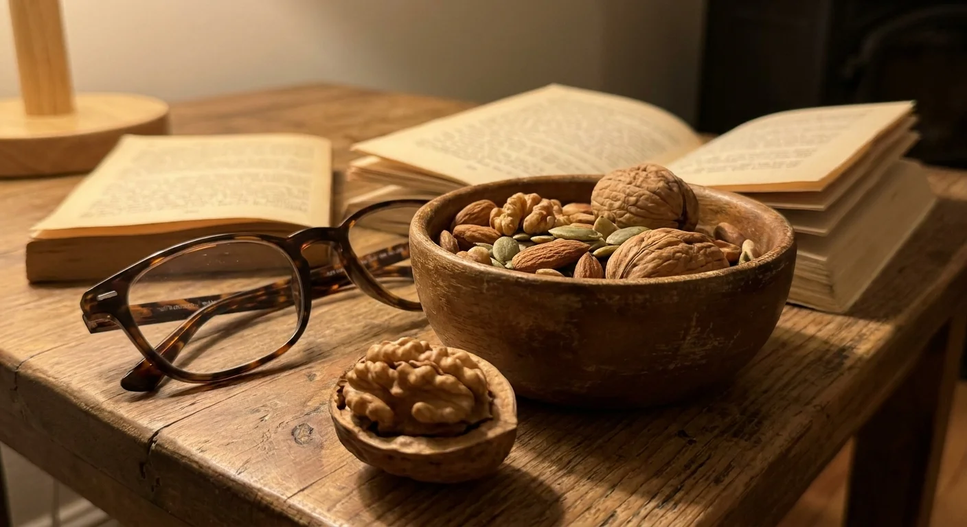 A wooden bowl of mixed nuts and seeds on a coffee table next to a pair of reading glasses.