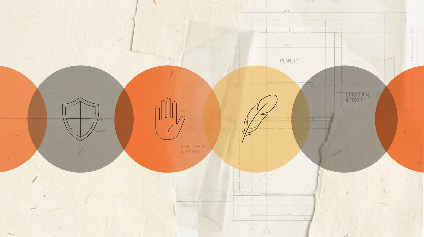 An abstract collage of safety symbols and orange circles on a textured paper background.