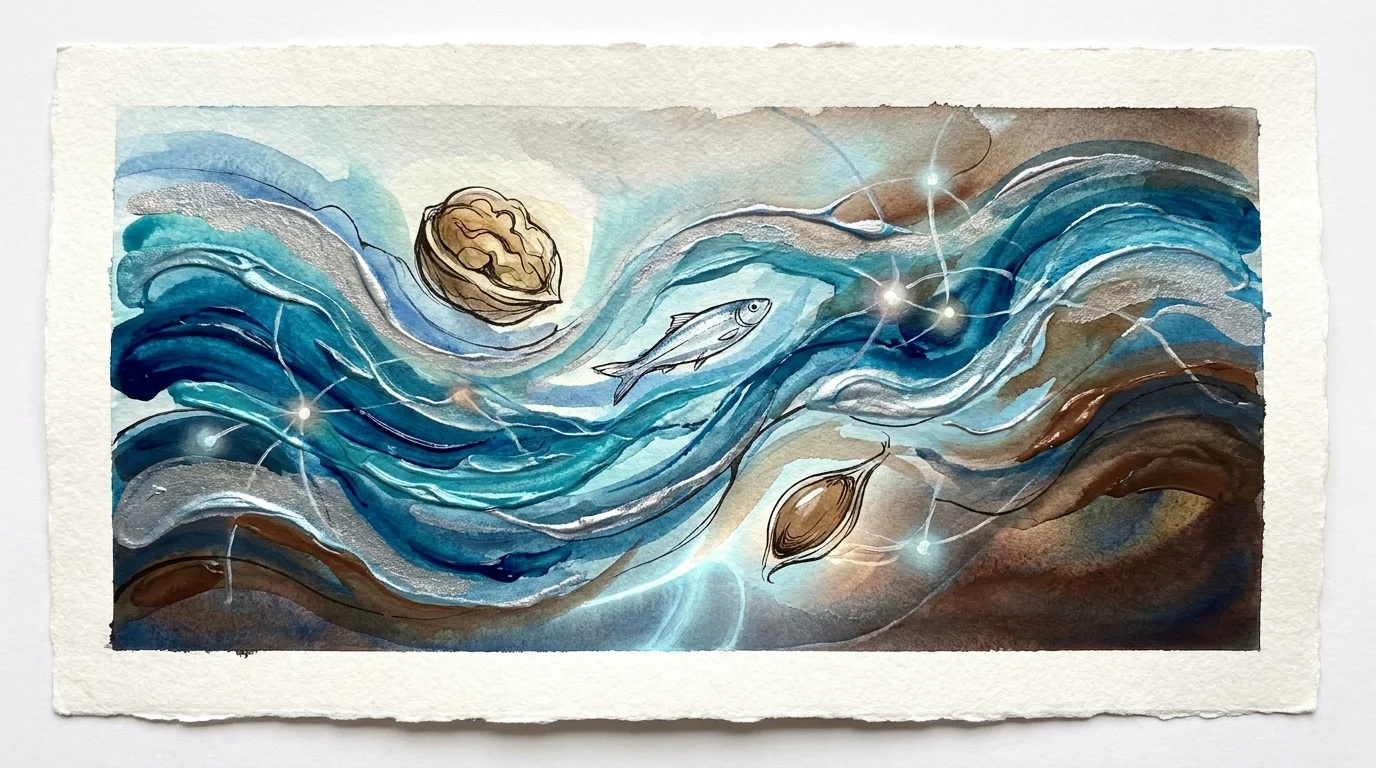 An abstract gouache painting of blue oceanic swirls containing icons of a walnut, a fish, and flaxseeds.