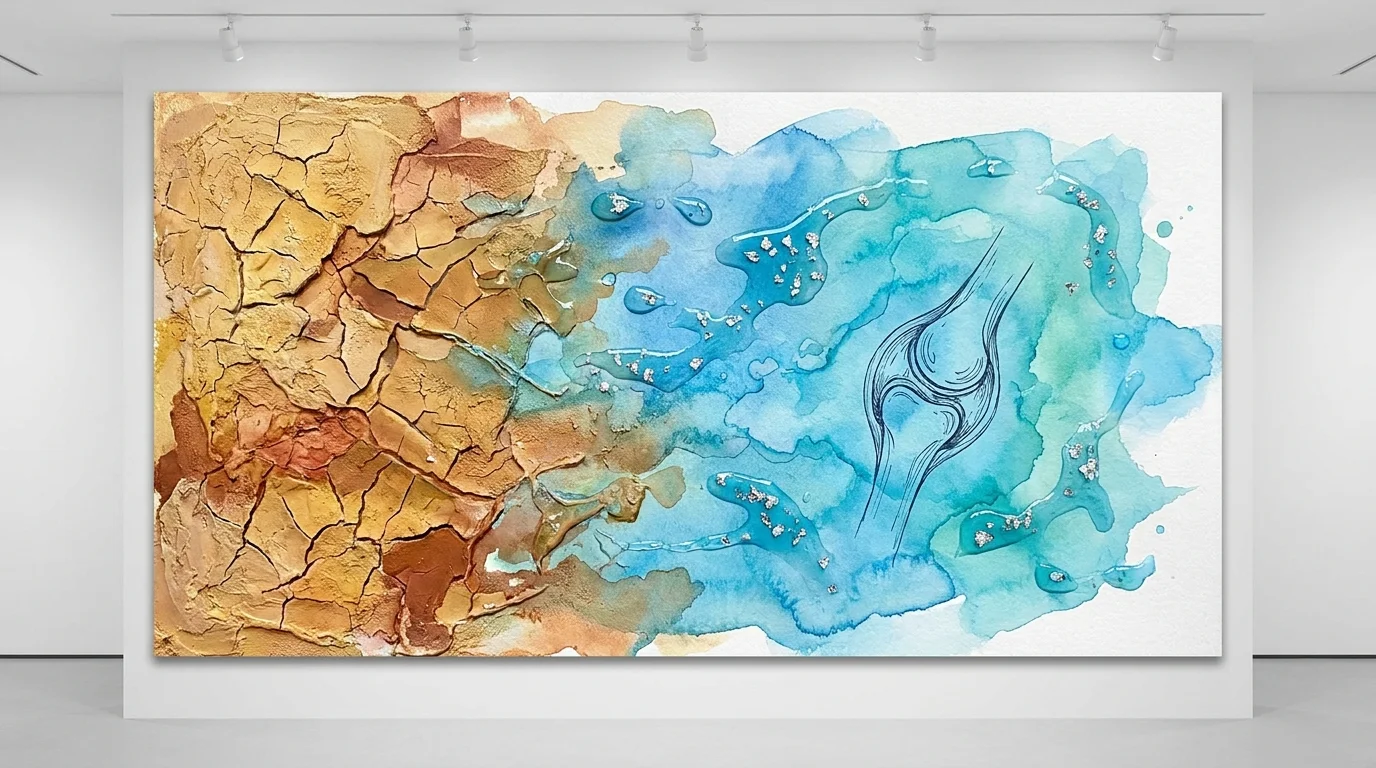 An abstract mixed media piece showing a transition from dry, cracked textures to fluid, blue watercolor washes.