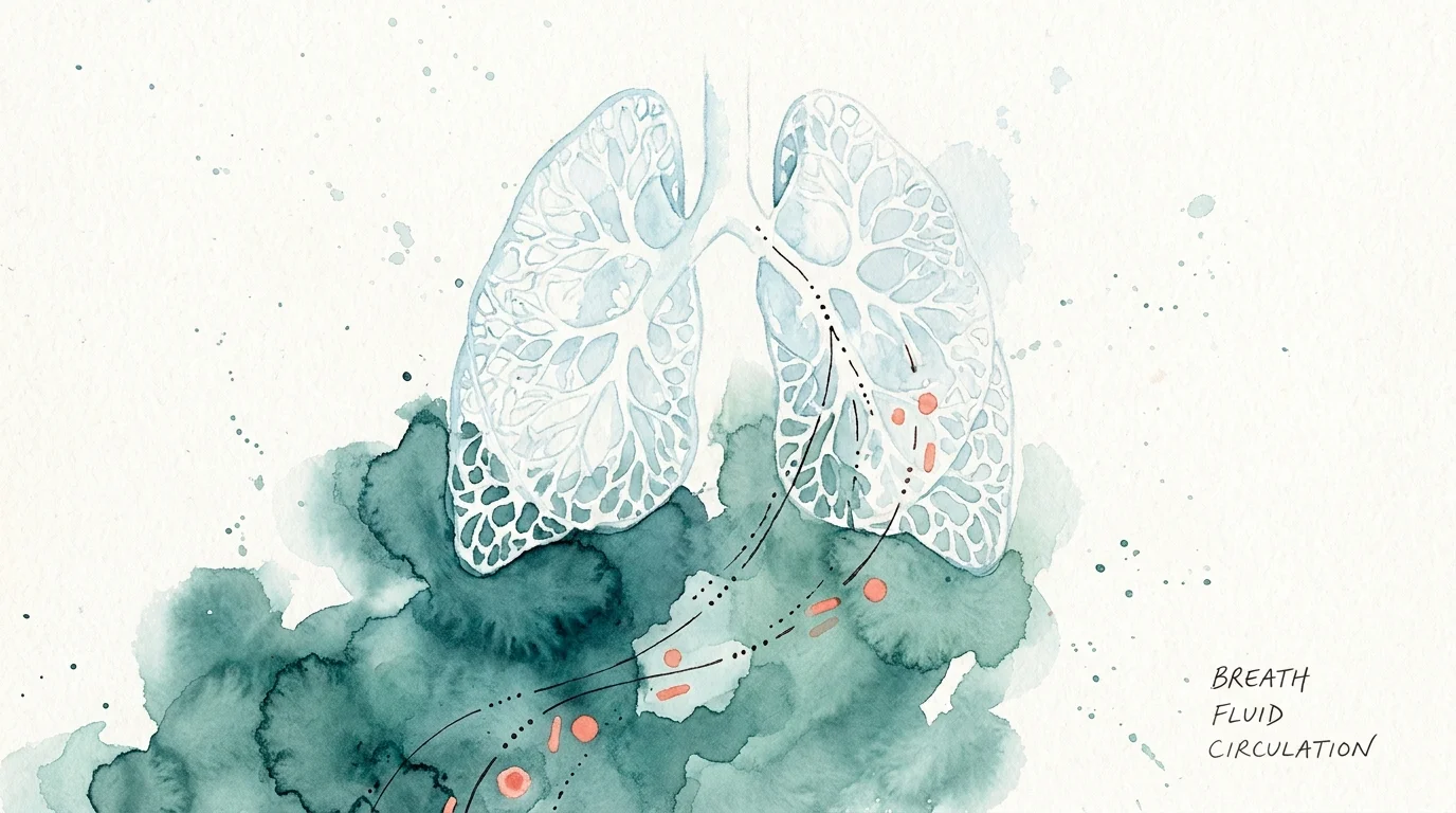 An abstract watercolor painting of lungs with fluid-like blue washes at the base, illustrating shortness of breath.