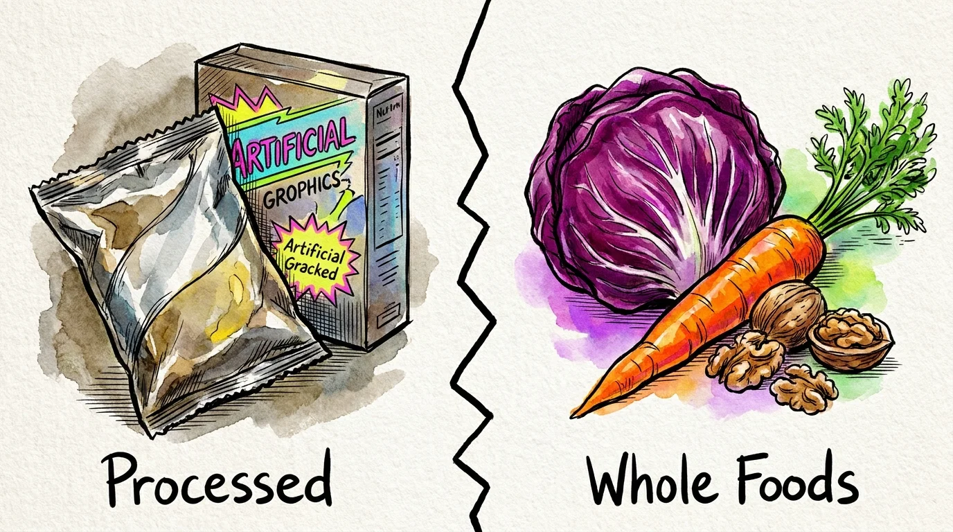 An illustration comparing dull, packaged snacks on one side with vibrant, colorful whole vegetables on the other.