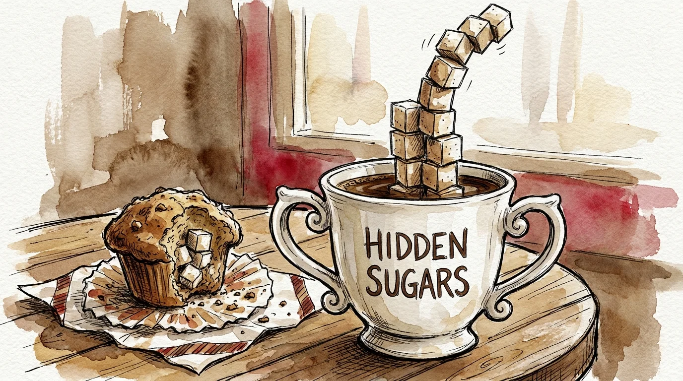 An illustration of a coffee cup with a tall stack of sugar cubes growing out of it, symbolizing hidden sugars in drinks.