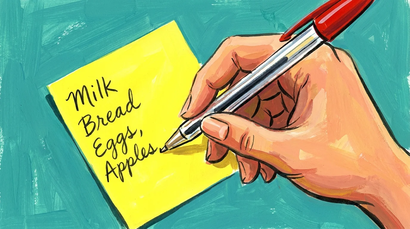 An illustration of a hand writing a grocery list where the letters become progressively smaller and shakier.