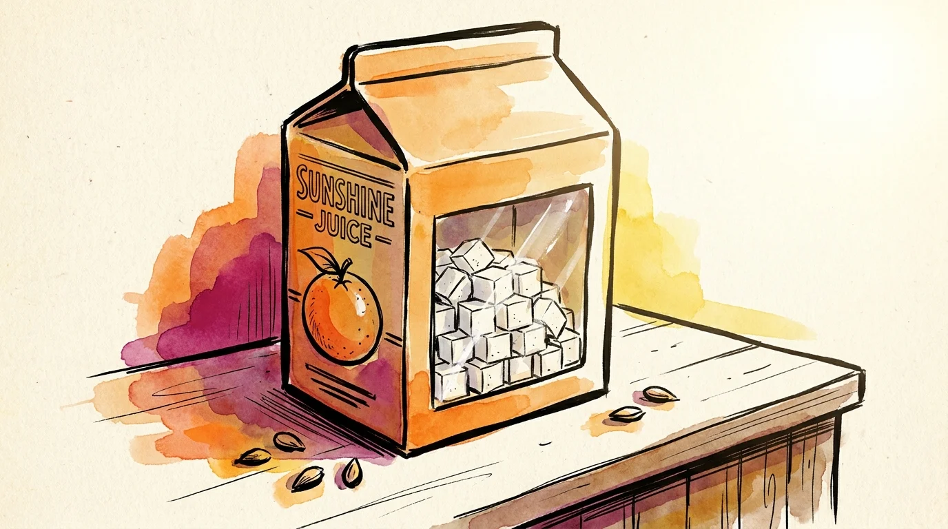 An illustration of a juice carton that is revealed to be full of sugar cubes instead of liquid.