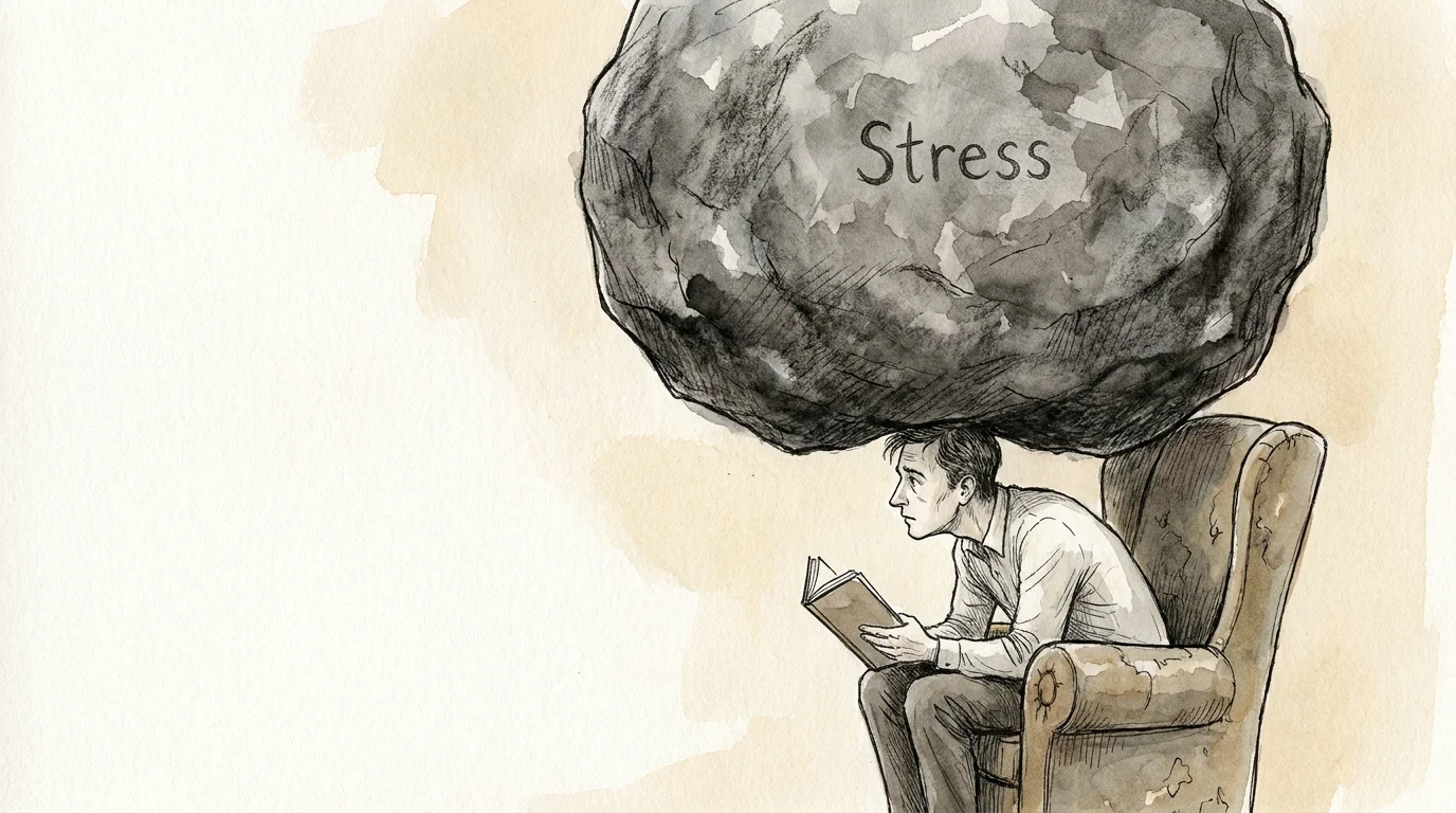 An illustration of a man sitting with a heavy stone labeled 'Stress' resting on his shoulders.