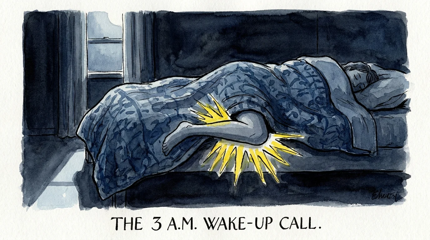 An illustration of a person in bed with kinetic lines at the calf representing a nighttime muscle cramp.