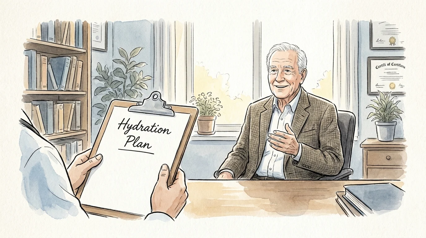 An illustration of a senior man having a positive consultation with a doctor about his hydration plan.