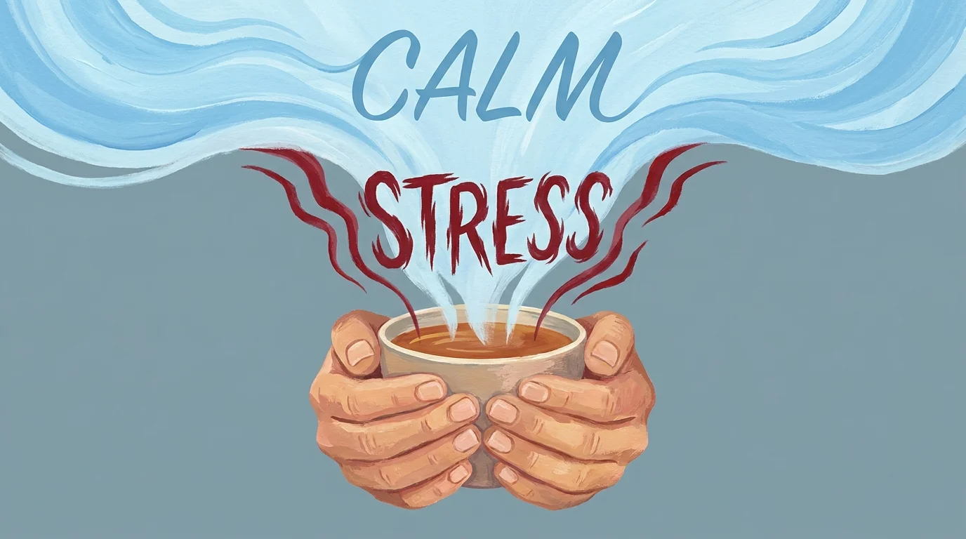 An illustration of hands holding tea, with steam changing from jagged red 'stress' to calm blue waves.
