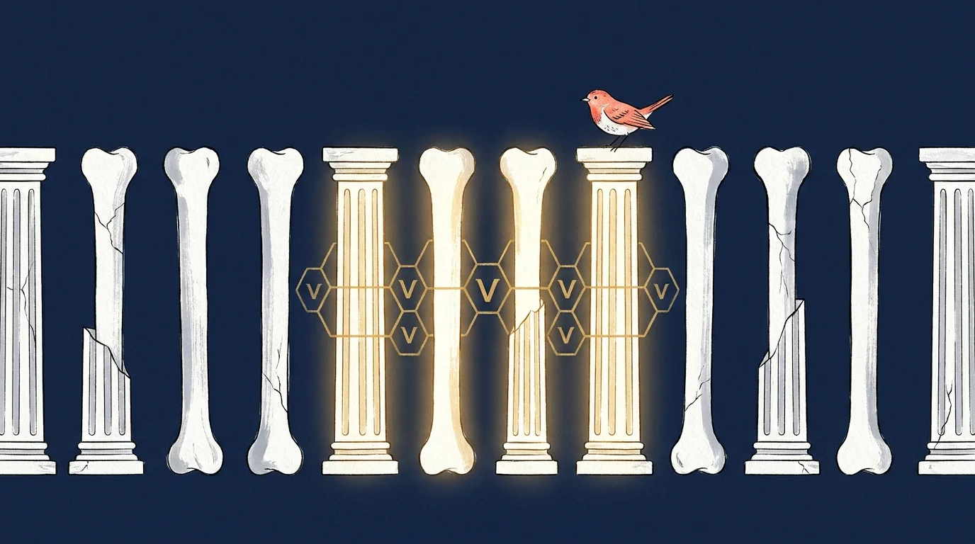 An illustration of white pillars resembling bones being reinforced with golden light and hexagonal vitamin shapes.