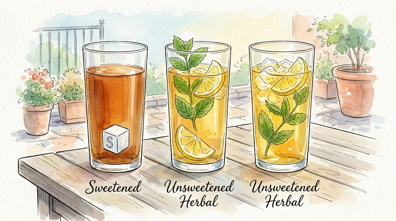 An illustration showing a comparison between sugary sweetened tea and refreshing, clear herbal iced tea with lemon.