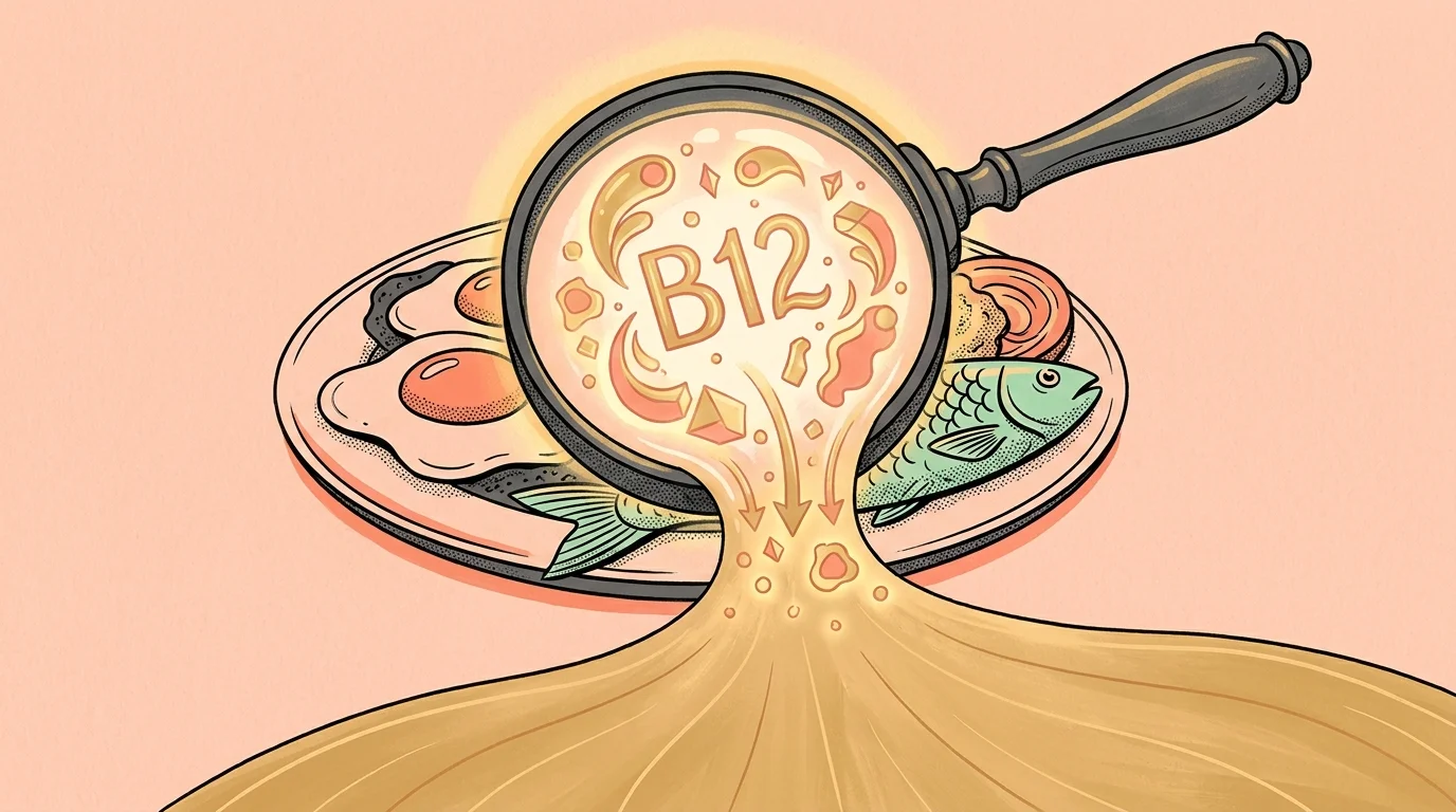 An illustration showing a magnifying glass over a plate of food, revealing glowing B12 particles being absorbed.