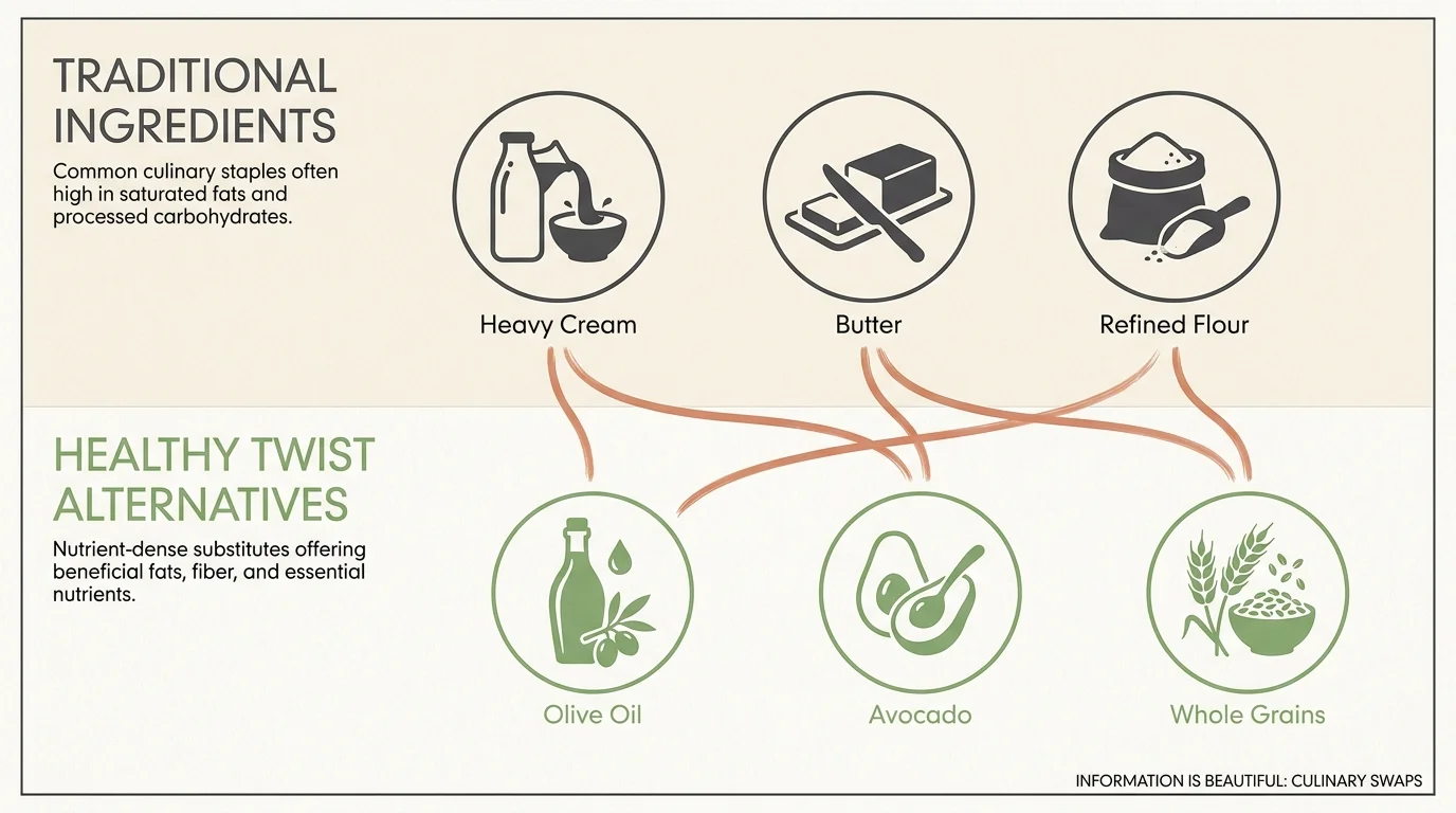 An infographic comparing traditional heavy ingredients like butter and cream to healthy swaps like olive oil and avocado.