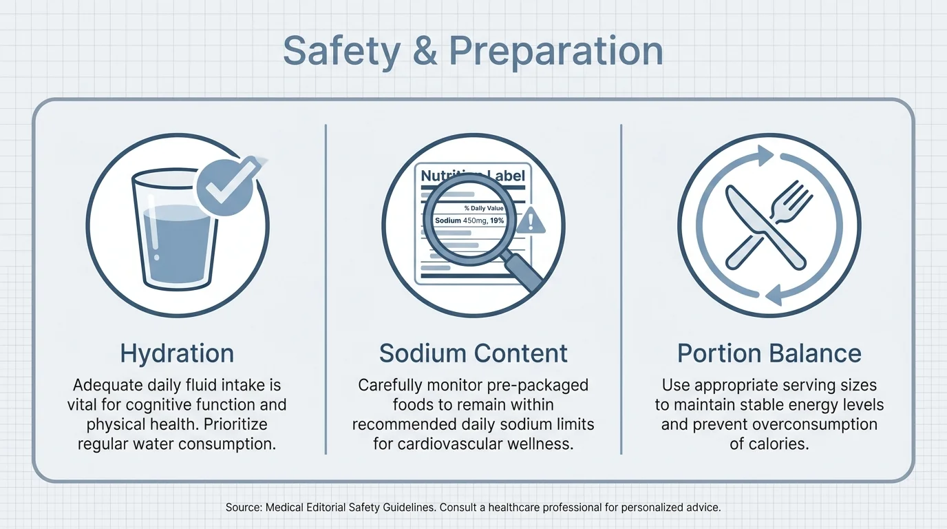 An infographic layout with icons for hydration, sodium monitoring, and portion control to ensure dietary safety.