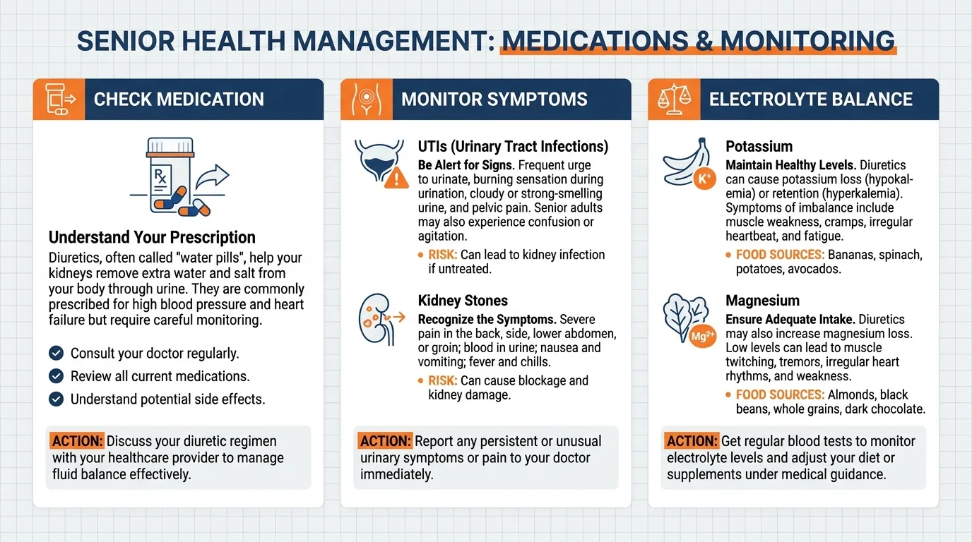 An infographic outlining safety precautions like checking medications and monitoring for UTIs and kidney stones.
