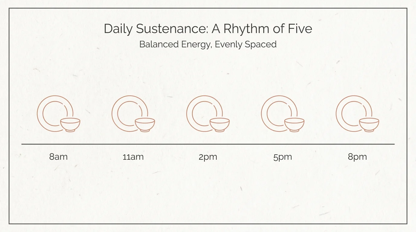 An infographic showing a daily timeline from 8 AM to 8 PM with five small plate icons evenly spaced throughout the day.