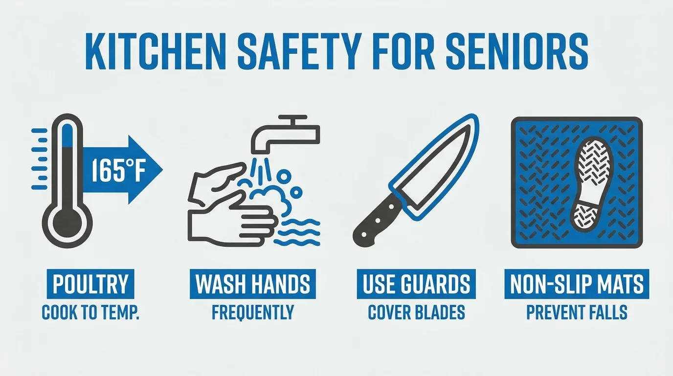 An infographic showing icons for food temperature, hand washing, and kitchen safety tools.