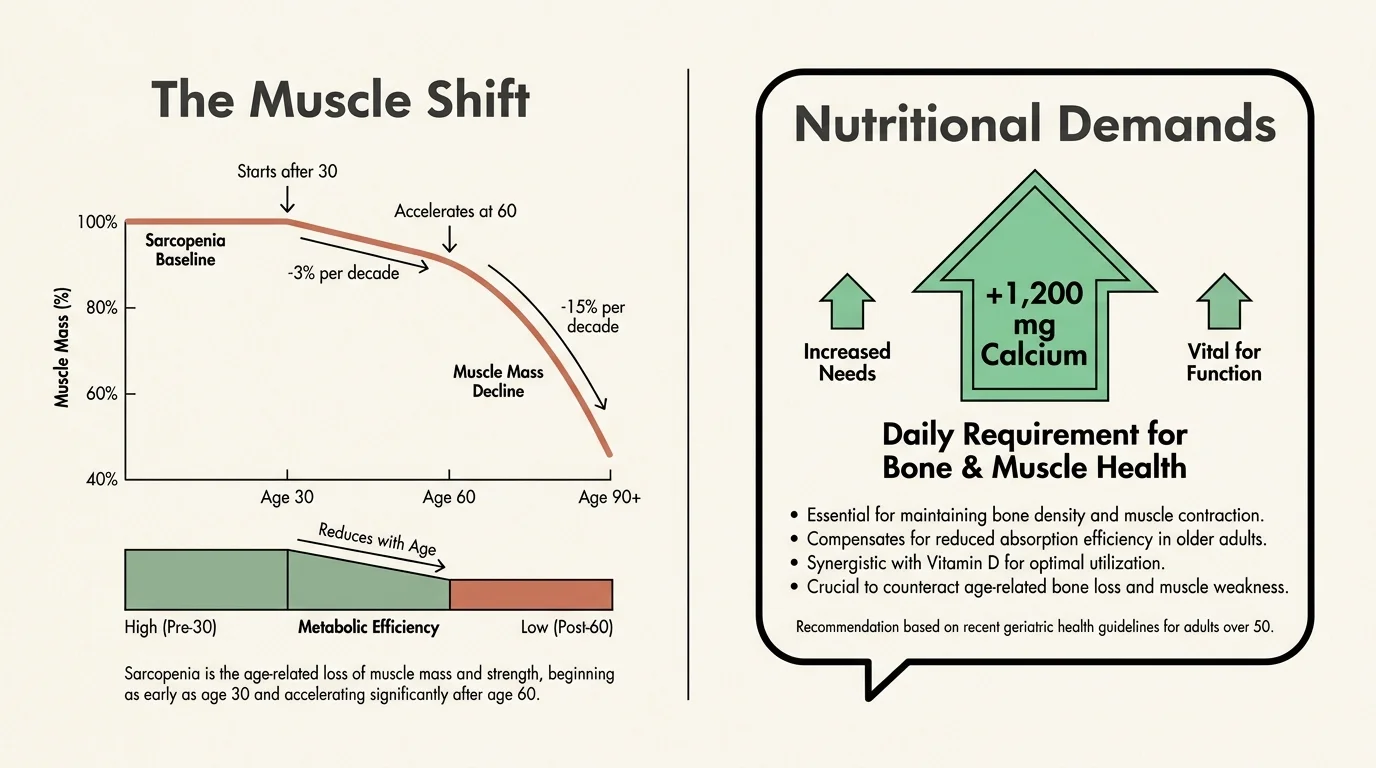 An infographic showing the decline of muscle mass with age and the corresponding increase in the need for calcium and protein.