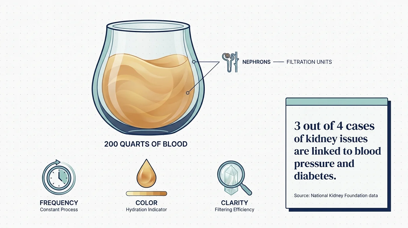 An infographic showing the kidney filtration process, highlighting that 200 quarts of blood are filtered daily.