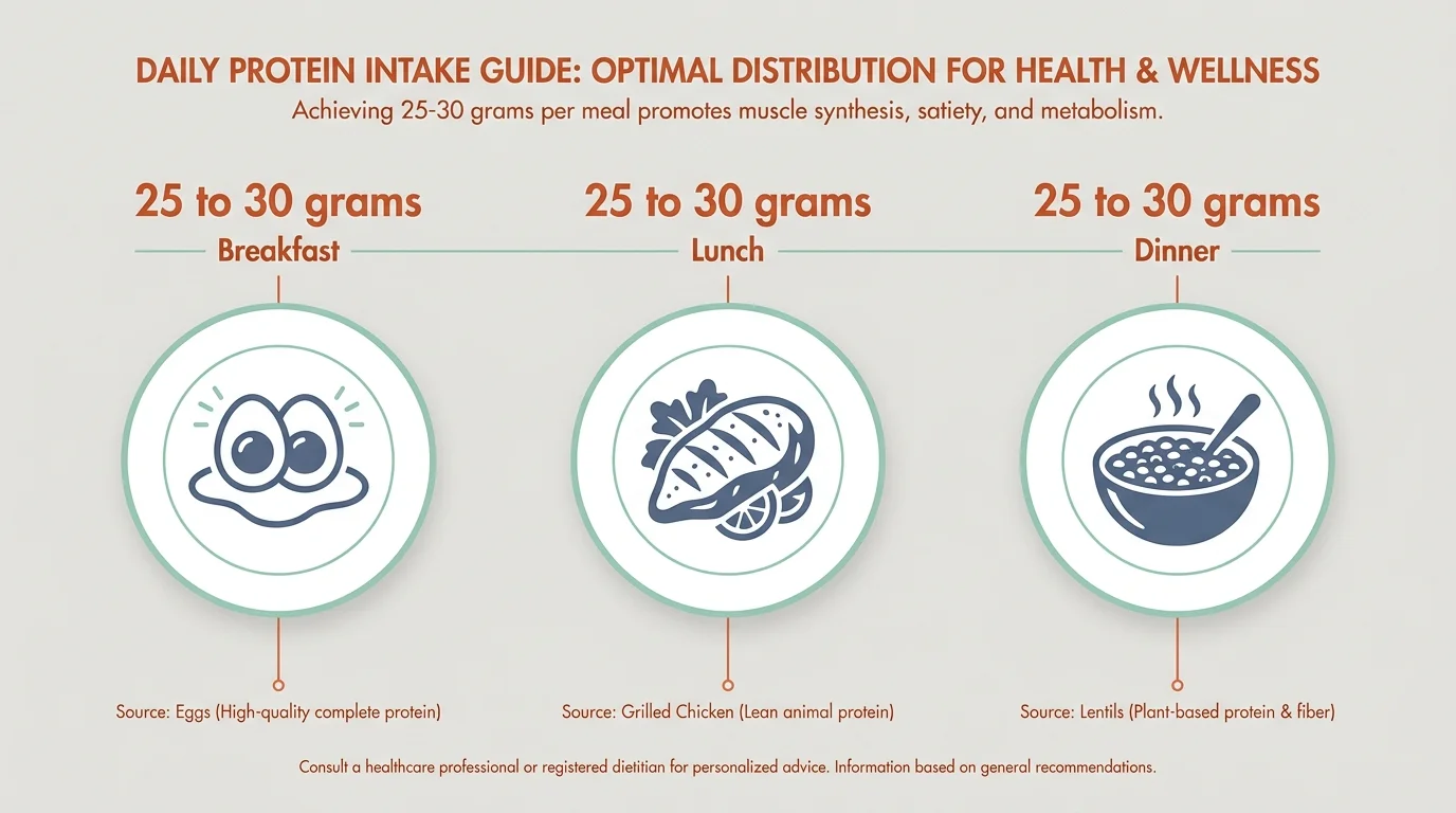 An infographic showing three meals—Breakfast, Lunch, and Dinner—each labeled with '25 to 30 grams' of protein.