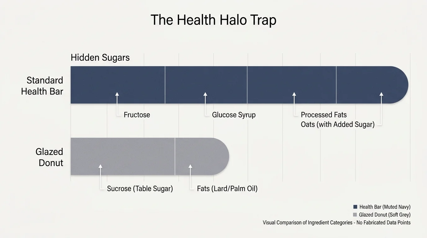 An infographic titled 'The Health Halo Trap' comparing hidden sugars in breakfast bars and pastries.