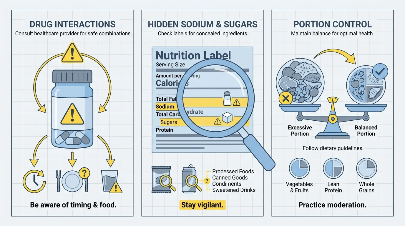 An infographic with icons for medication interactions, hidden sugars, and portion control.