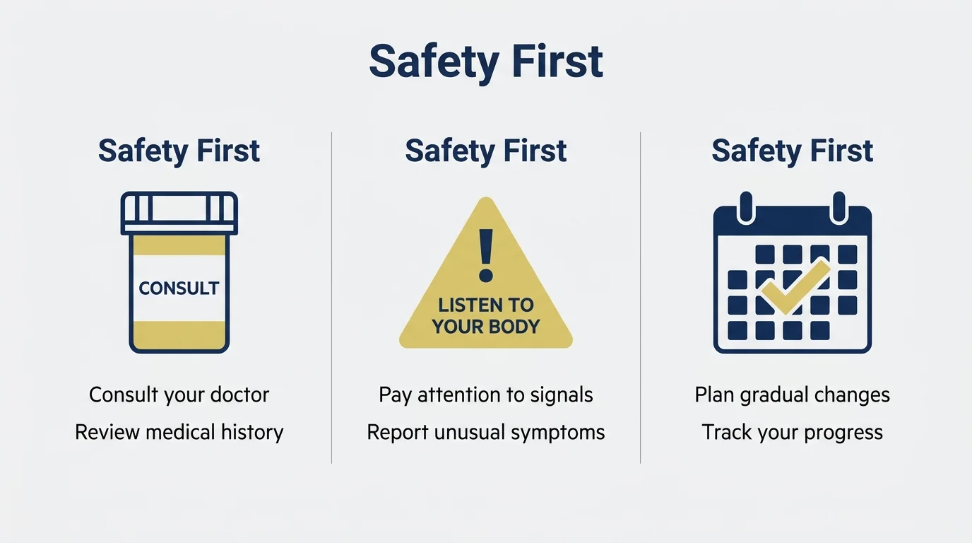 An infographic with three panels showing safety tips: consulting a doctor, listening to your body, and making gradual changes.