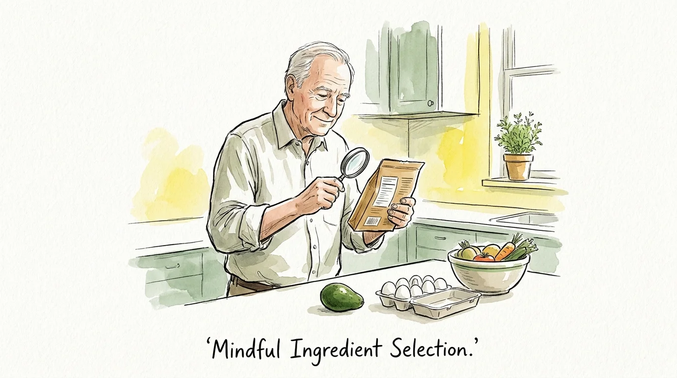 An ink and watercolor drawing of an older man carefully reading a food label in a bright, cozy kitchen.