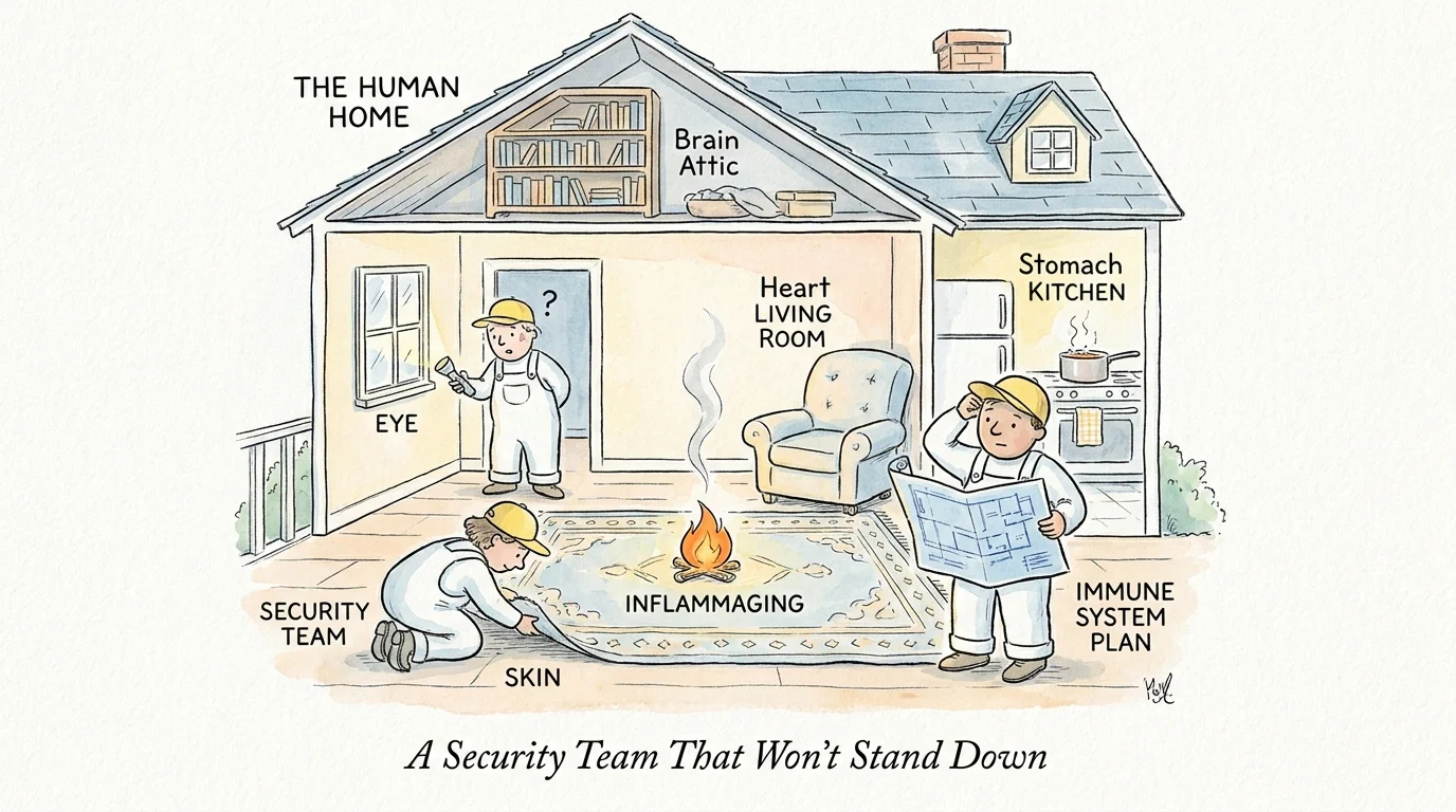 An ink and watercolor drawing of tiny security guards inside a home, representing the immune system's response.