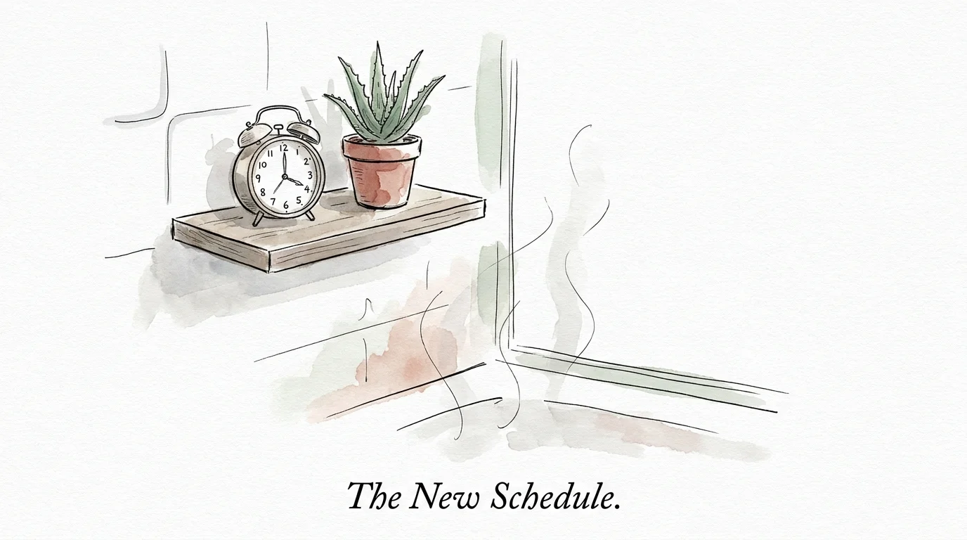 An ink and watercolor illustration of a clock on a bathroom shelf, symbolizing a change in daily rhythms.