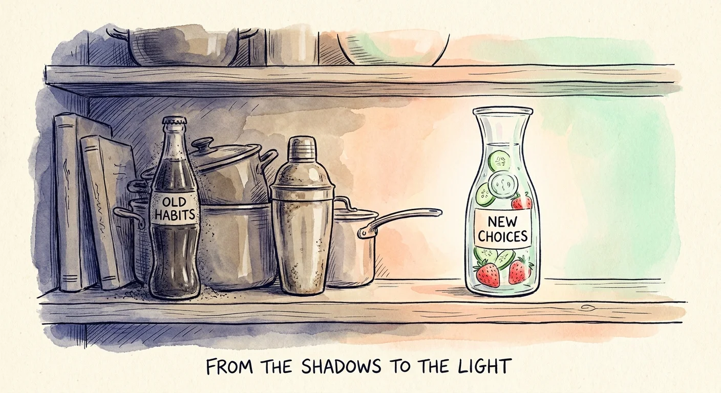 An ink and watercolor illustration showing a transition from soda bottles to a fresh fruit-infused water carafe.